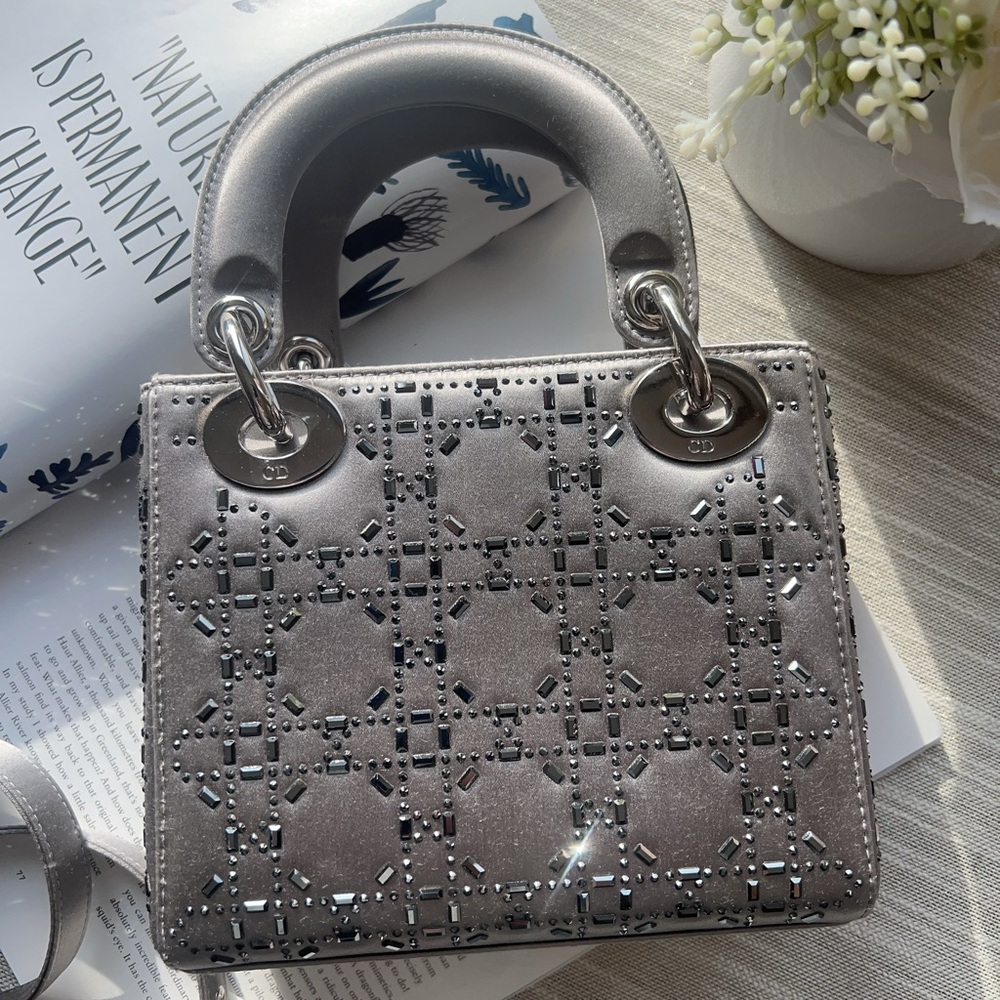 Dior Mini Beaded Satin Cannage Lady Dior Satchel Silver - Picture 7 of 10